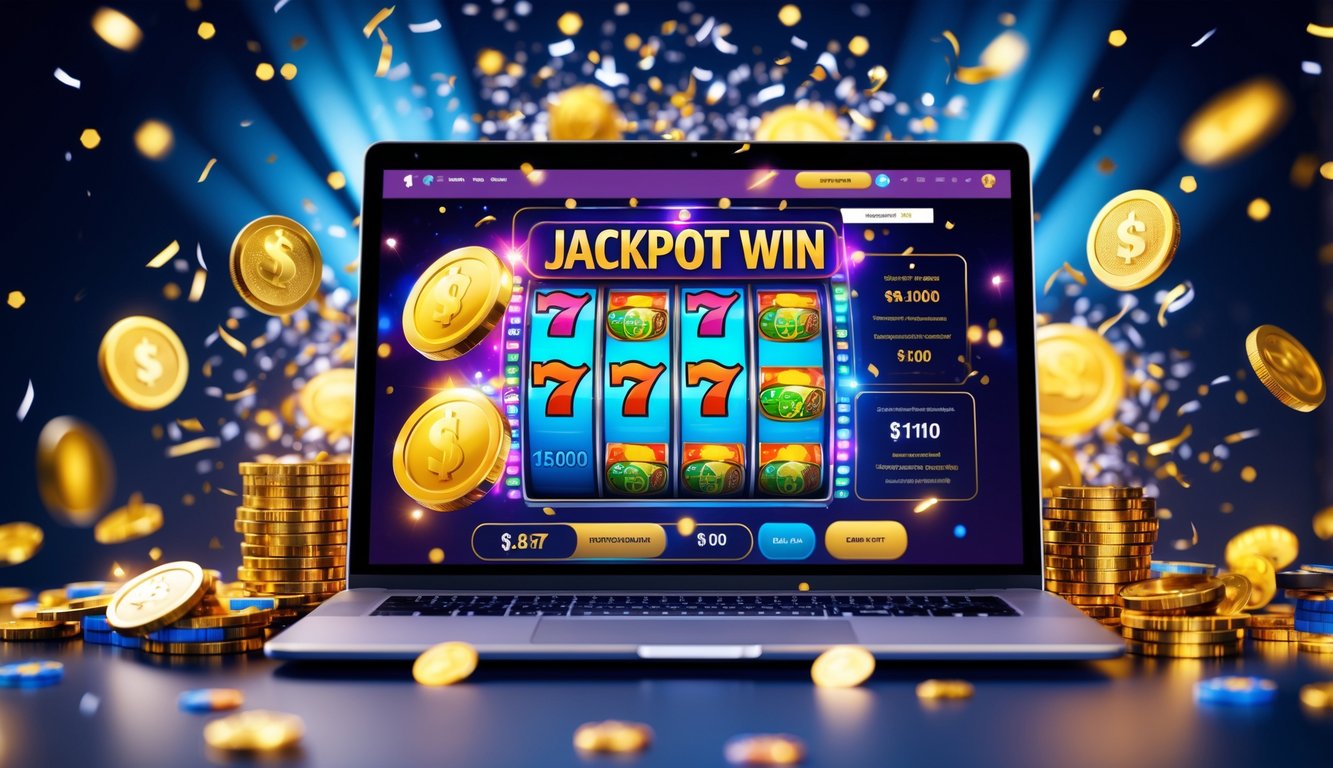 Layar komputer menampilkan kemenangan jackpot besar di kasino online dengan koin emas dan lampu berkilauan di sekitarnya.