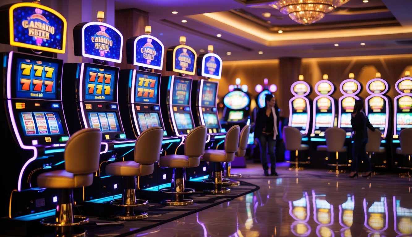 Area mesin slot kasino dengan beberapa mesin menyala dan orang-orang bermain di dalam ruangan yang terang dan rapi.