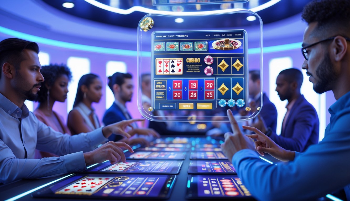 Beberapa orang bermain berbagai permainan kasino online di layar digital futuristik dengan latar belakang berwarna biru dan ungu.
