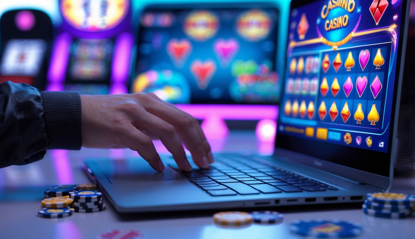 Seseorang menggunakan laptop dengan permainan kasino online yang terlihat di layar.