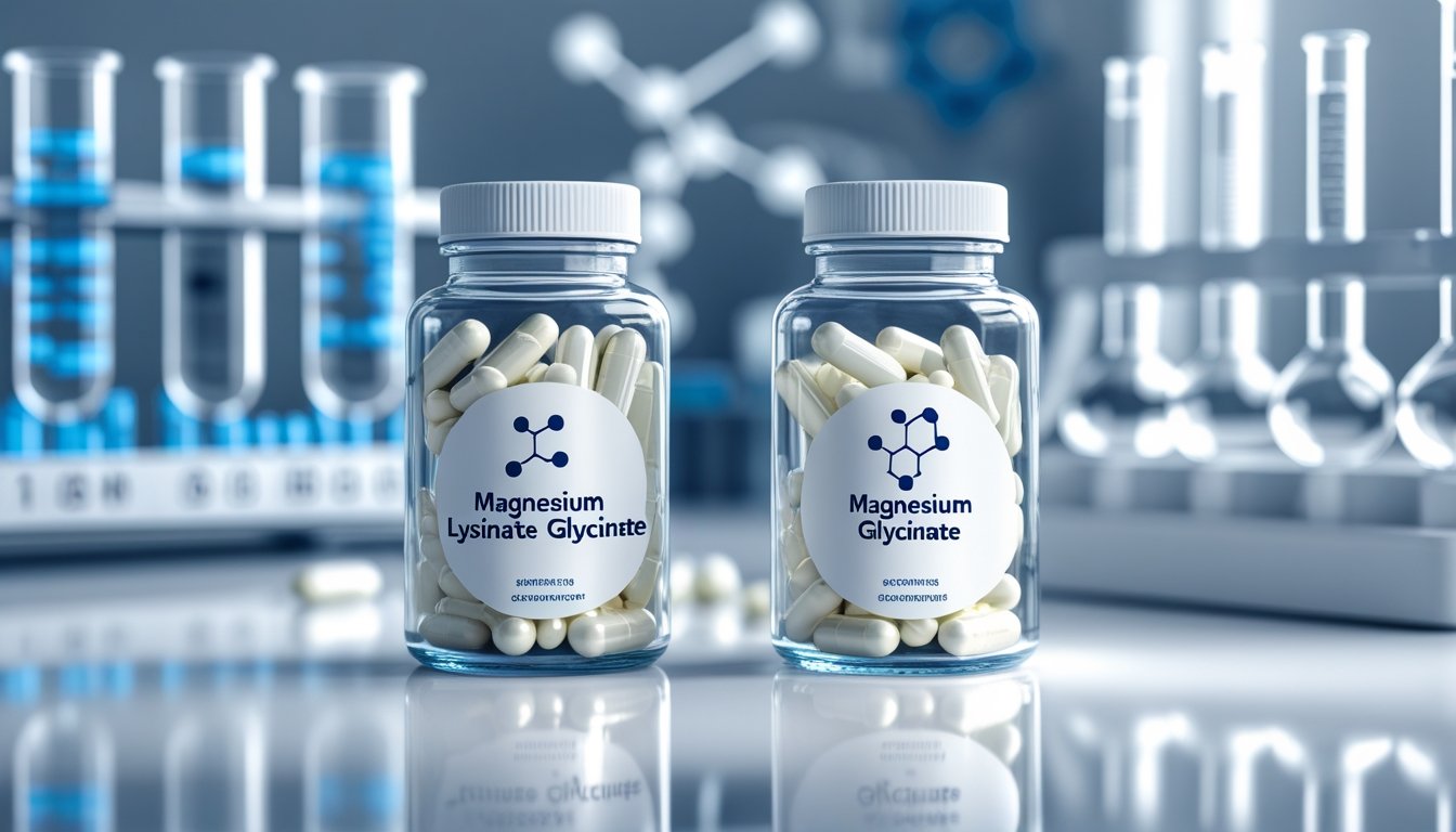 Two glass bottles containing white capsules placed side by side on a white surface with scientific equipment blurred in the background.