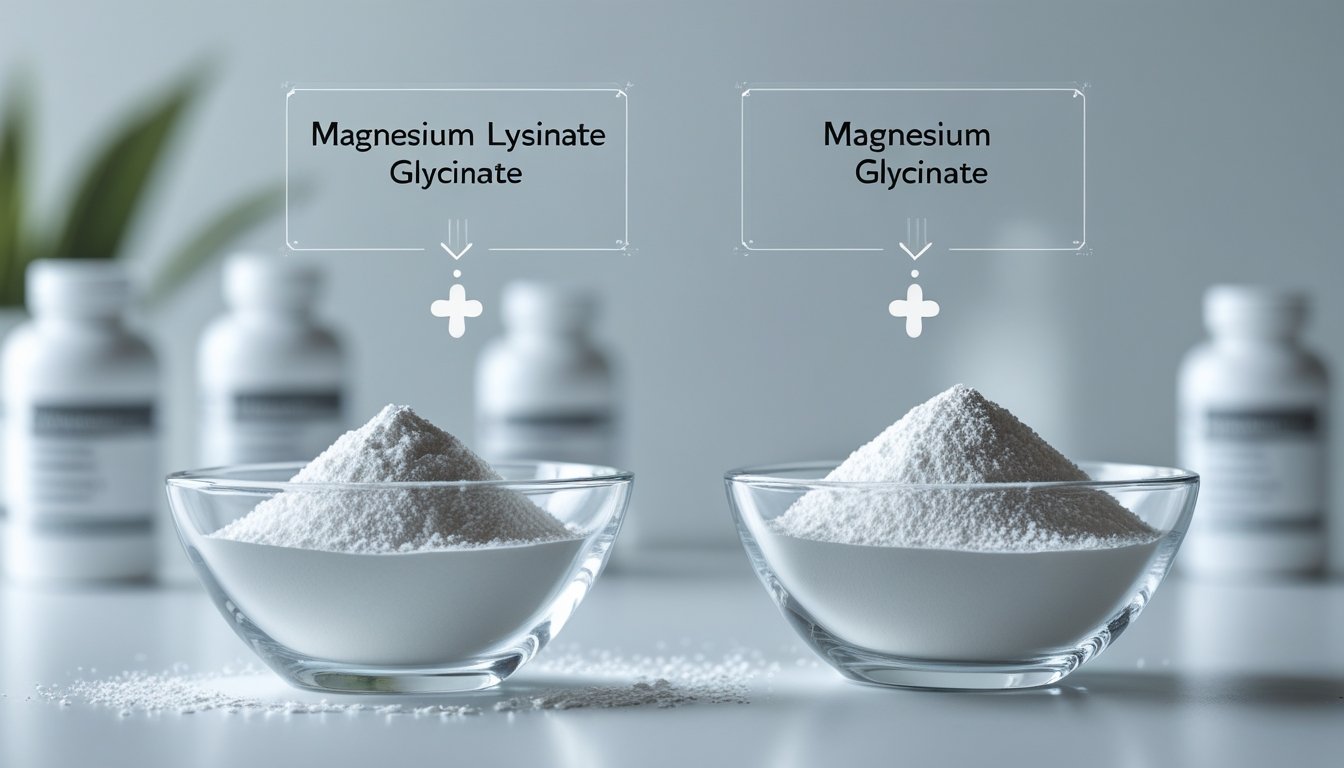 Two clear glass bowls side by side on a white surface, each containing a fine white powder representing different magnesium supplements.