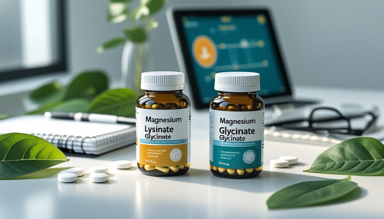 Two glass jars of magnesium supplements on a white desk with green leaves and tablets, next to a notebook and tablet in a bright workspace.