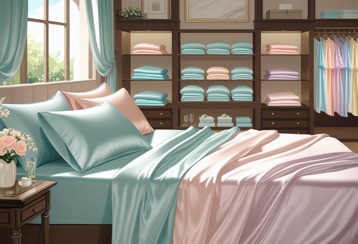 A cozy bedroom with a bed made of smooth silk sheets and a boutique shop displaying folded silk bedding in the background.