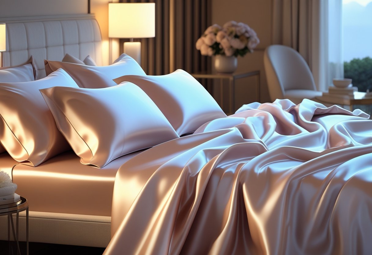 A cozy bedroom with a bed covered in smooth, shiny silk sheets and soft pillows, bathed in natural light from a nearby window.