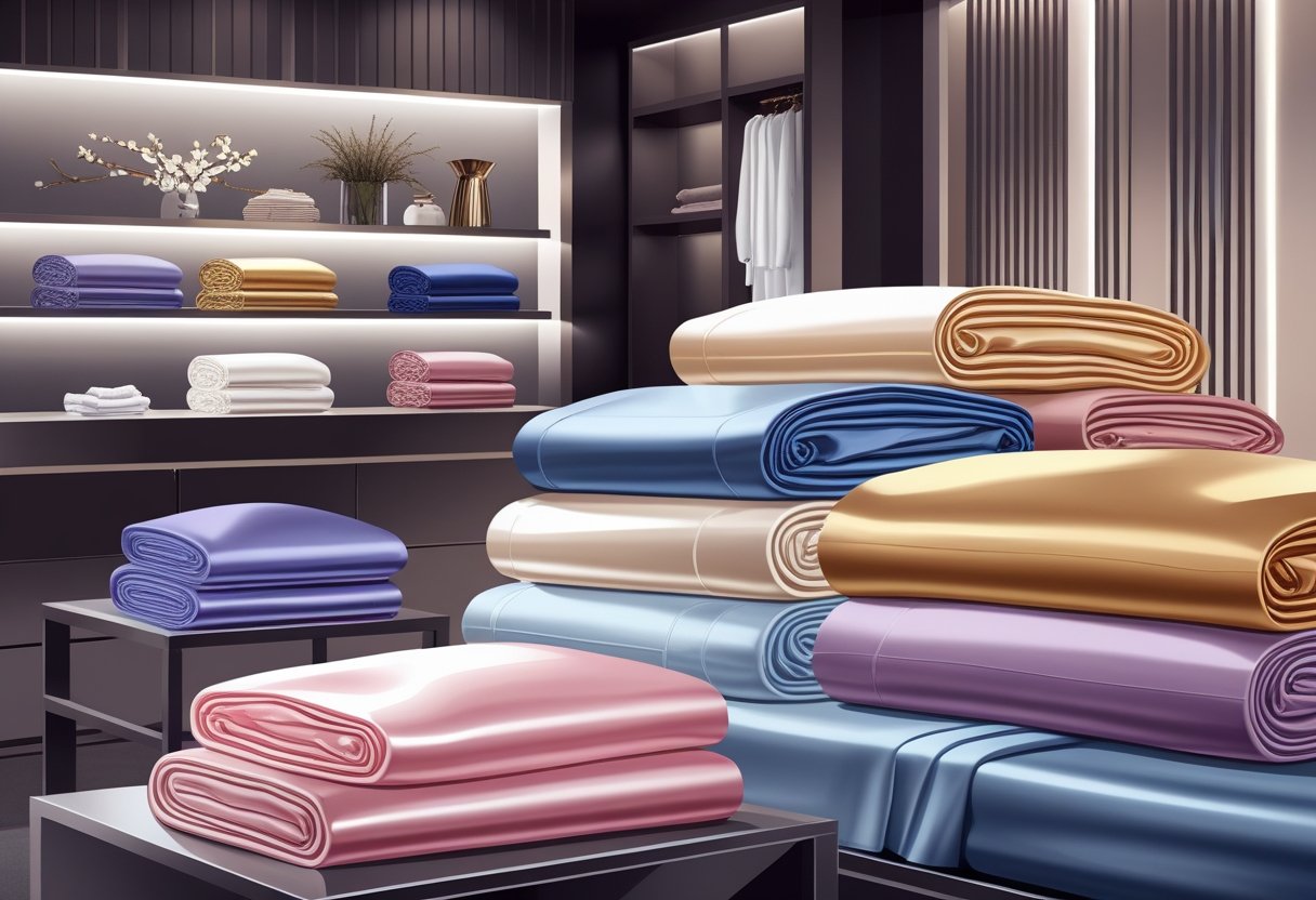 A display of different types of silk sheets in various colors and patterns arranged in a modern bedroom showroom with a bed made up in silk sheets.