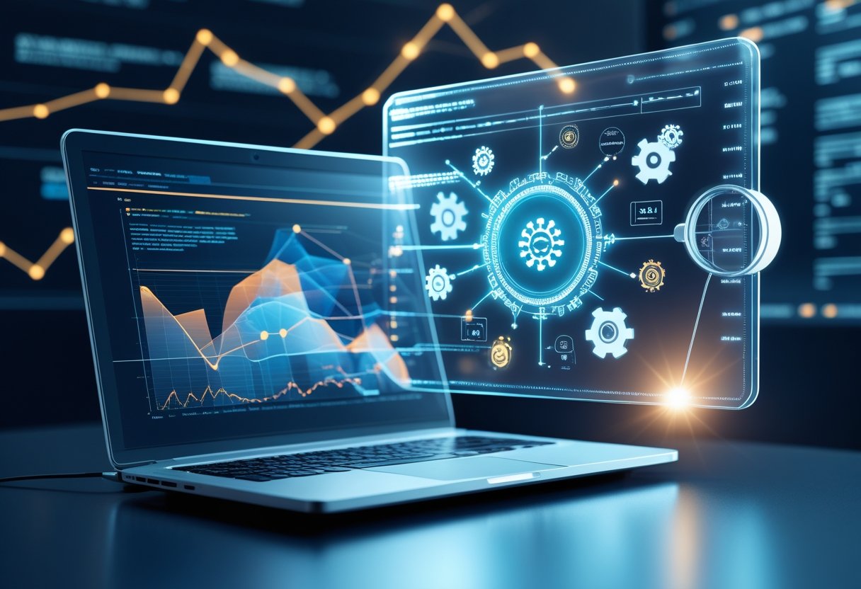 Moderner Arbeitsplatz mit Laptop, der digitale Daten und Grafiken zeigt, daneben ein holografisches Interface mit Symbolen für künstliche Intelligenz und Suchmaschinenoptimierung.