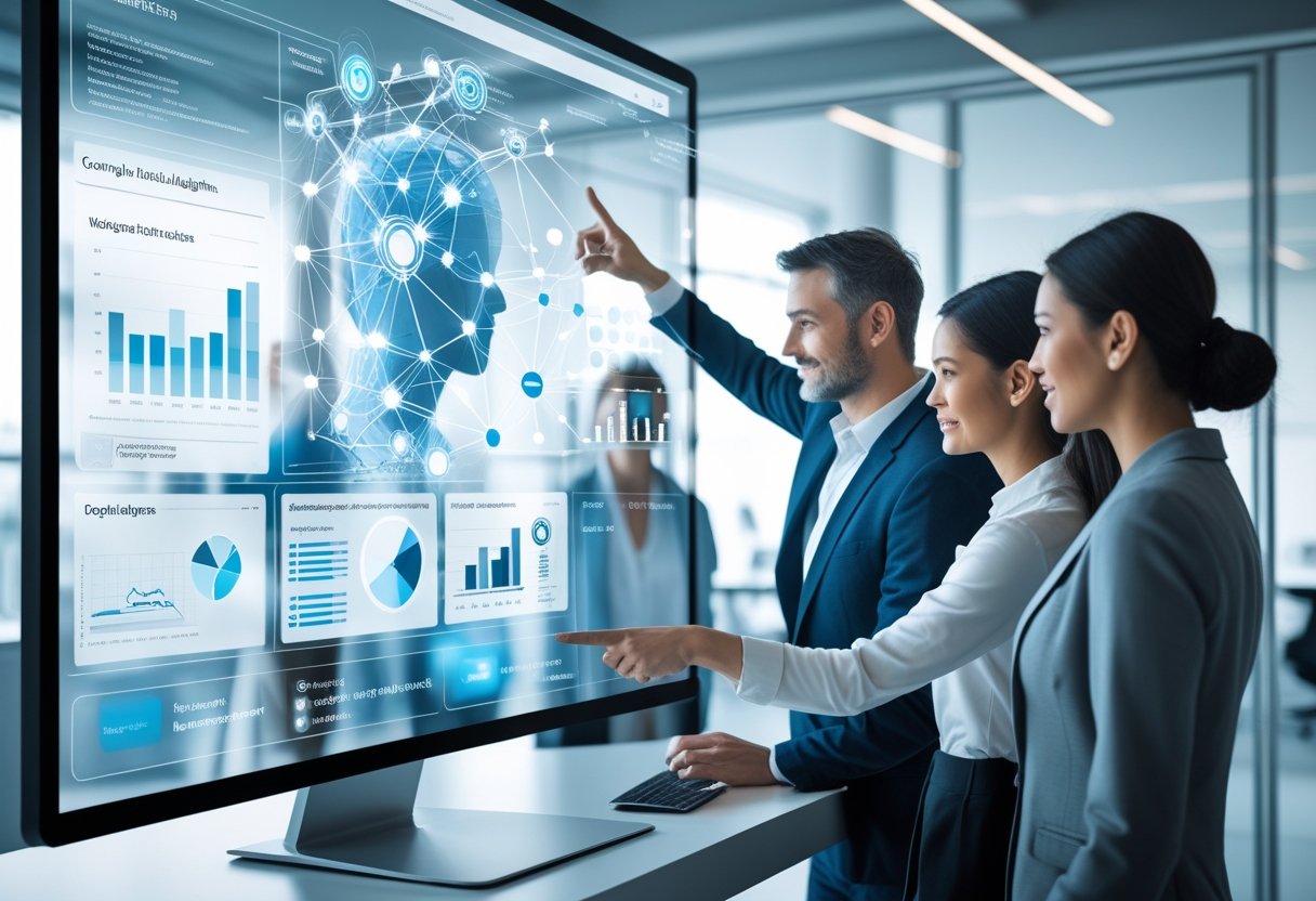 Mehrere Personen arbeiten gemeinsam an einem digitalen Bildschirm mit Datenvisualisierungen und Suchalgorithmen in einem modernen Büro.