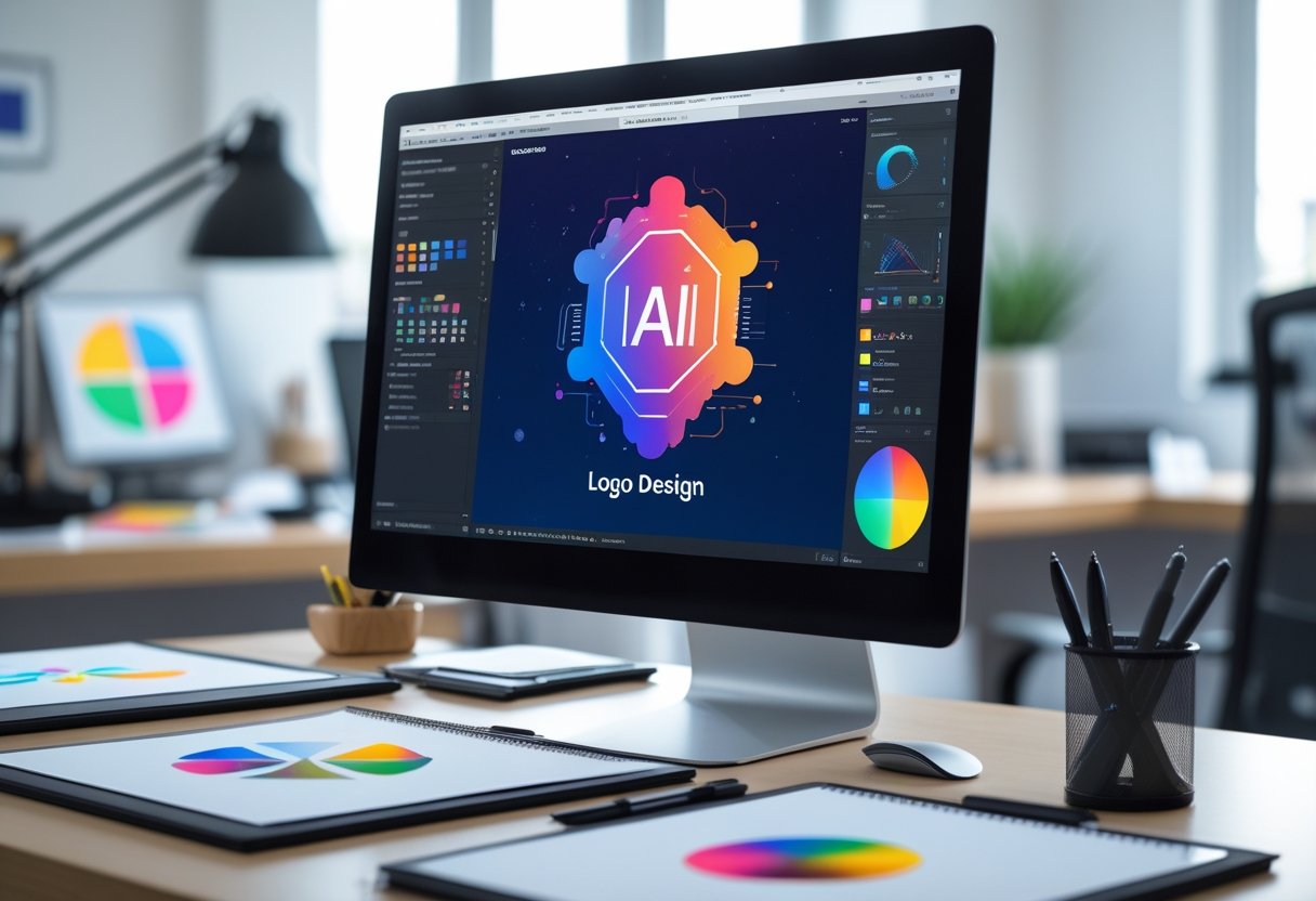 Ein moderner Arbeitsplatz mit einem Computerbildschirm, auf dem ein KI-Logo entworfen wird, umgeben von Designwerkzeugen und Skizzen.