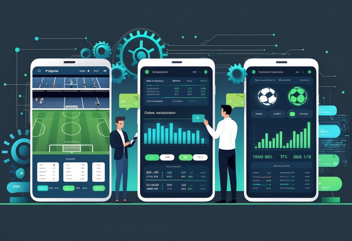 Ilustrasi tiga panel yang menunjukkan evolusi taruhan sepak bola dari cara tradisional hingga menggunakan teknologi modern dengan perangkat digital dan data.