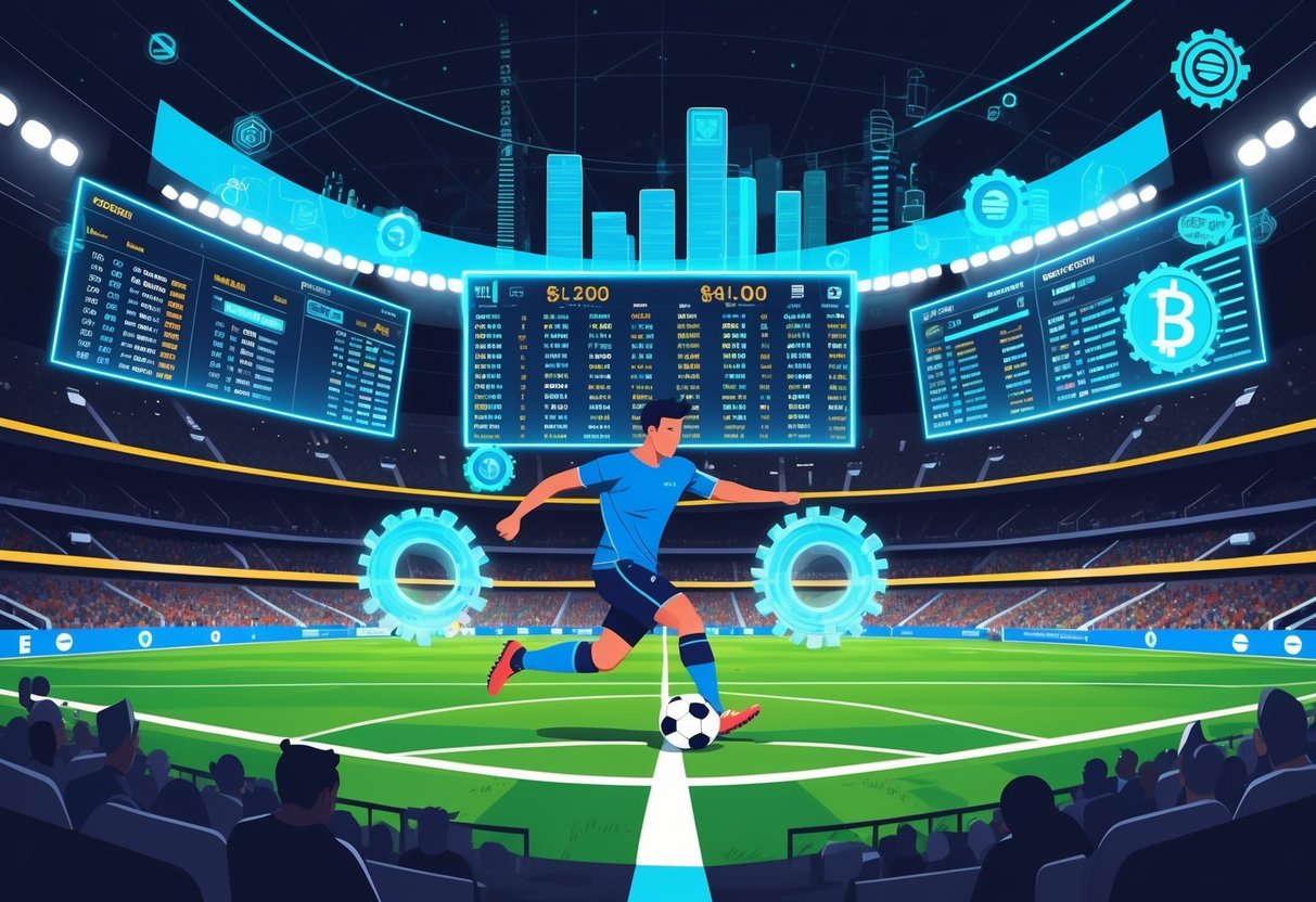 Stadion sepak bola dengan pemain yang sedang mengontrol bola, dikelilingi oleh grafik dan data yang melayang, menunjukkan hubungan antara permainan sepak bola dan taruhan.