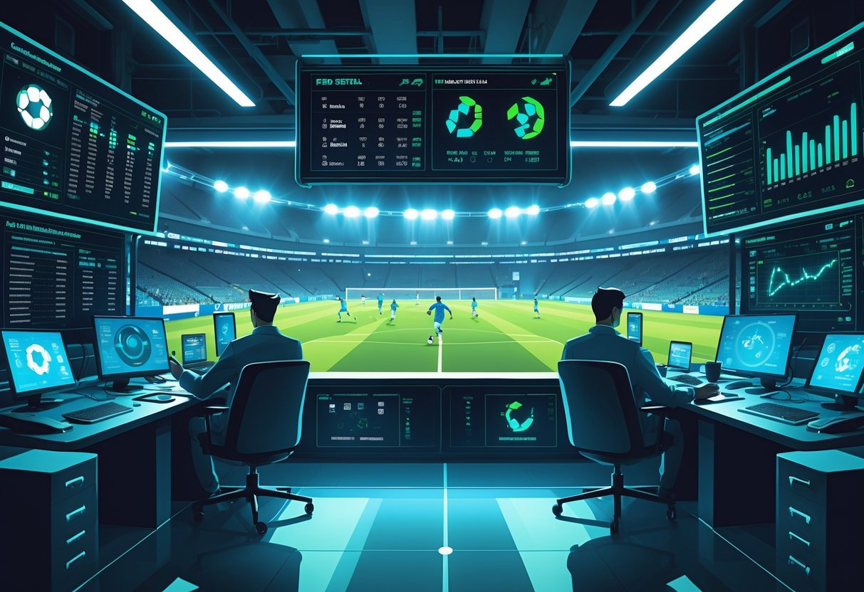 Ruangan kontrol futuristik dengan beberapa layar digital menampilkan statistik pertandingan sepak bola dan data taruhan, di mana para insinyur dan analis menggunakan teknologi canggih dengan latar belakang stadion sepak bola yang sedang berlangsung pertandingan.
