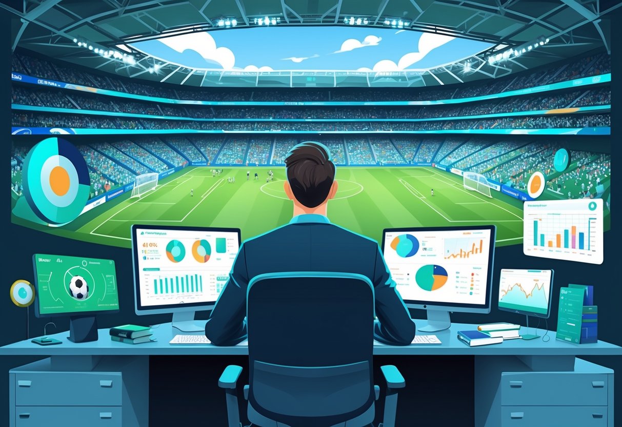 Seorang analis sepak bola duduk di meja dengan beberapa layar menampilkan statistik pertandingan, grafik, dan rekaman pertandingan, dengan latar belakang stadion sepak bola yang penuh penonton.