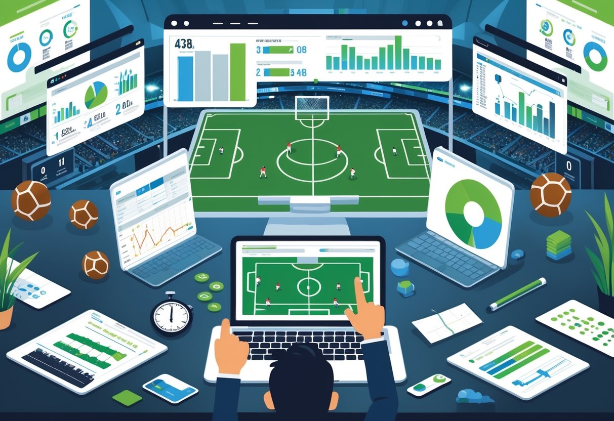 Seorang analis sepak bola sedang bekerja di depan layar yang menampilkan statistik dan diagram taktik pertandingan sepak bola dengan latar belakang stadion dan penonton.
