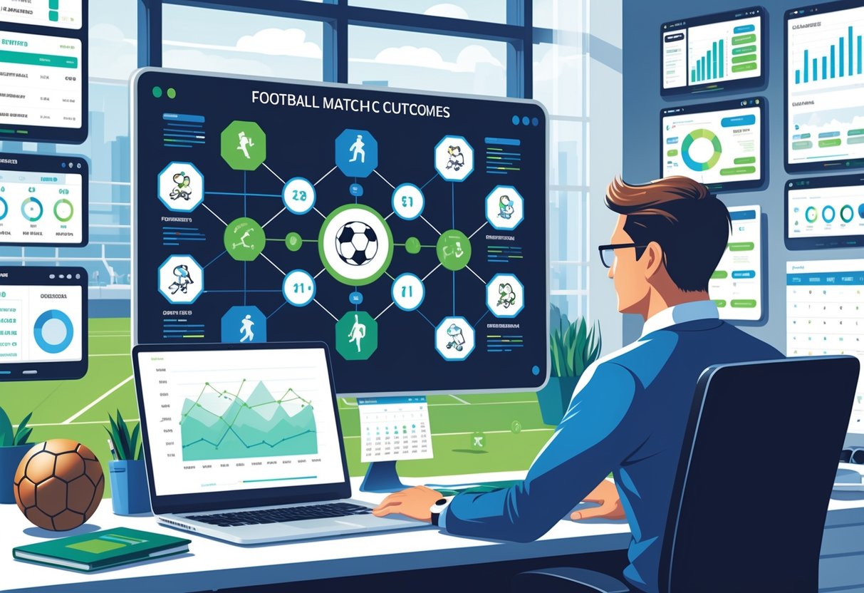 Seorang analis sepak bola di kantor modern dengan layar yang menampilkan statistik pertandingan, grafik performa pemain, dan formasi taktik, dikelilingi oleh ikon yang mewakili faktor utama prediksi hasil pertandingan.