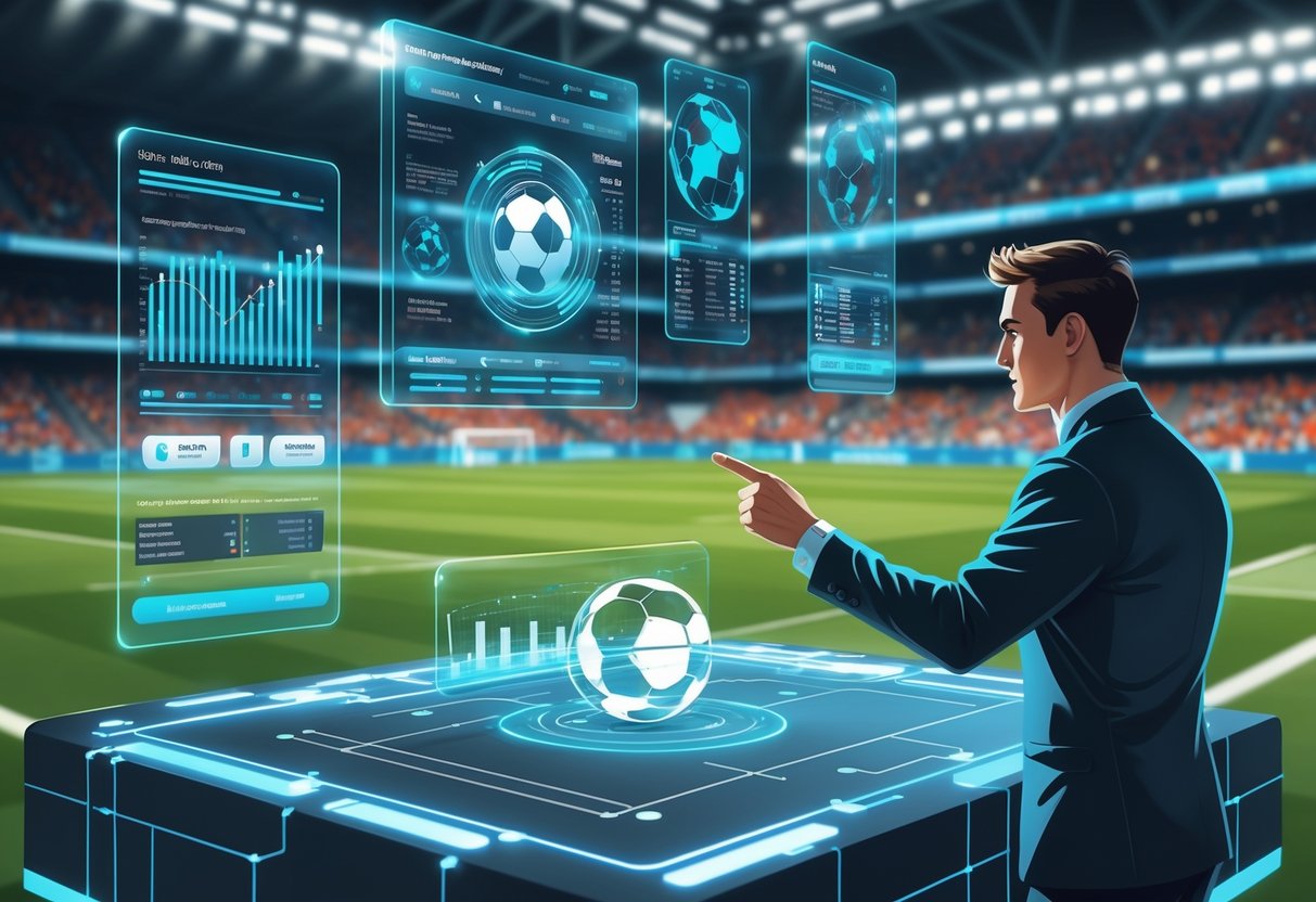 Seorang analis olahraga menggunakan antarmuka digital futuristik dengan grafik dan data sepak bola, dengan stadion sepak bola dan penonton di latar belakang.