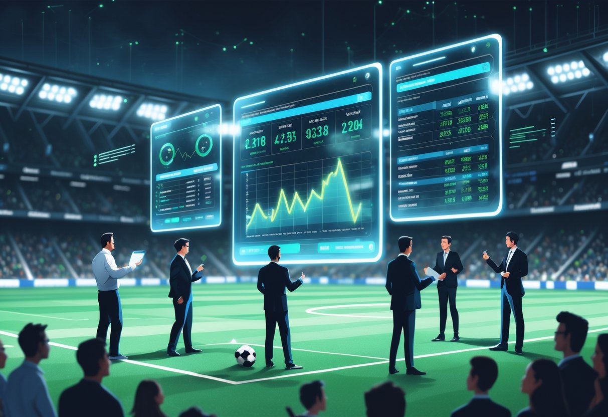 Ilustrasi profesional yang menunjukkan analis data menggunakan teknologi prediktif untuk memprediksi hasil pertandingan sepak bola di stadion dengan penonton.