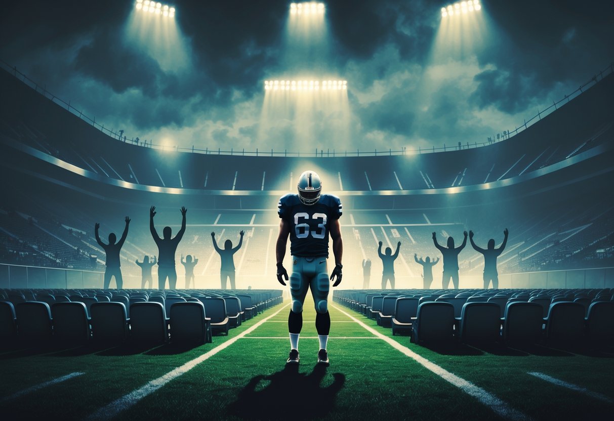 Seorang pemain sepak bola berdiri sendirian di stadion kosong dengan postur sedih, dikelilingi oleh bayangan penggemar dan rekan satu tim yang memudar.