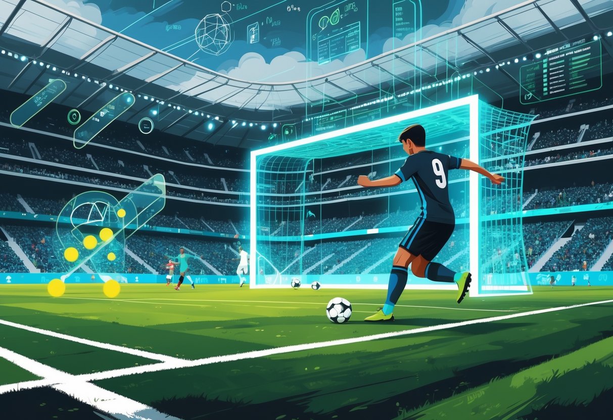 Seorang pemain sepak bola sedang bersiap menendang bola di stadion besar dengan grafik dan simbol matematika transparan di latar belakang yang menunjukkan konsep peluang dan analisis data.
