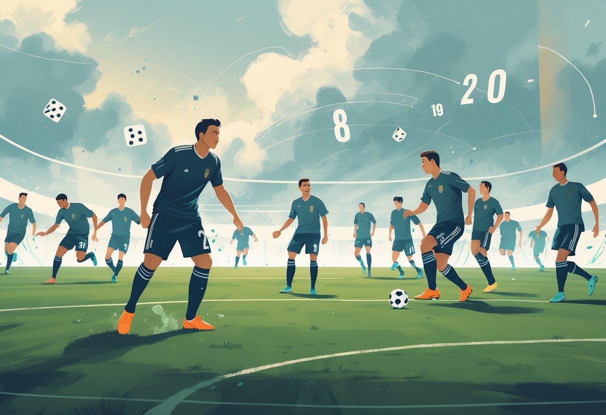 Lapangan sepak bola dengan pemain yang menunjukkan ekspresi frustrasi dan tekad, dengan elemen abstrak angka dan simbol peluang di latar belakang.