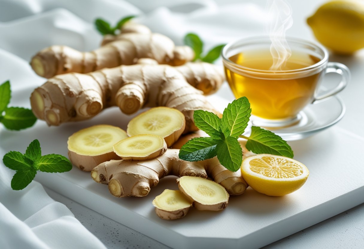Fresh ginger roots and slices with a bowl of steaming ginger tea, lemon wedge, and mint leaves on a white surface.