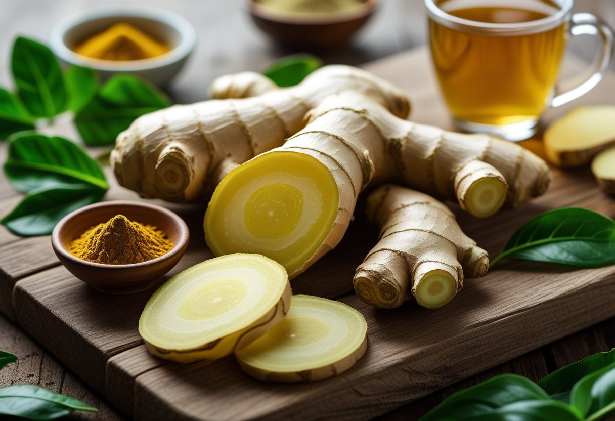 Fresh ginger root and slices on a wooden cutting board with a bowl of ginger powder, green leaves, and a glass of steaming ginger tea.