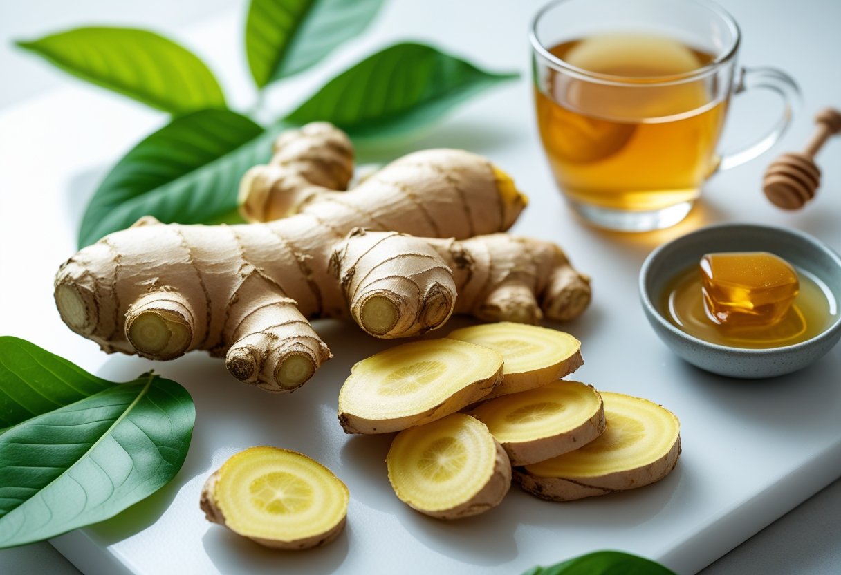 Fresh ginger root and slices with green leaves, a glass of ginger tea, and a bowl of honey arranged on a white surface.