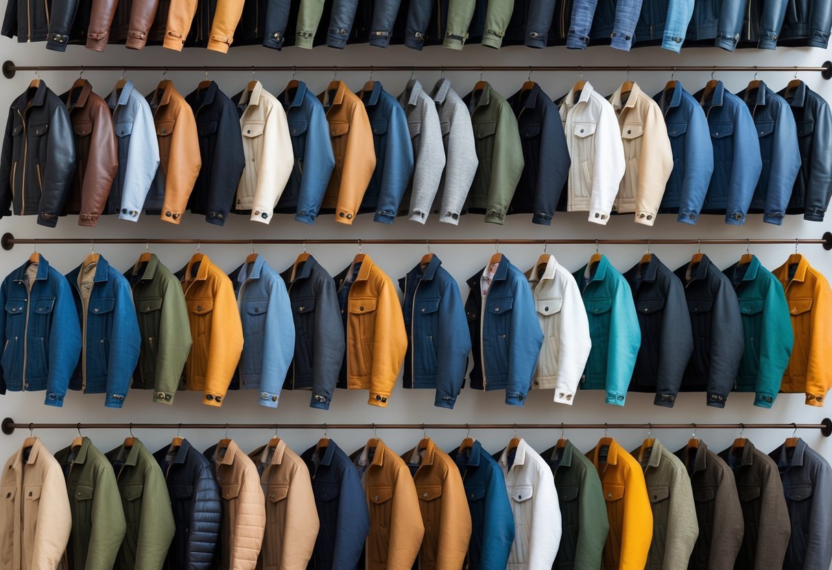 A collection of twenty different types of jackets displayed on hangers against a plain background.