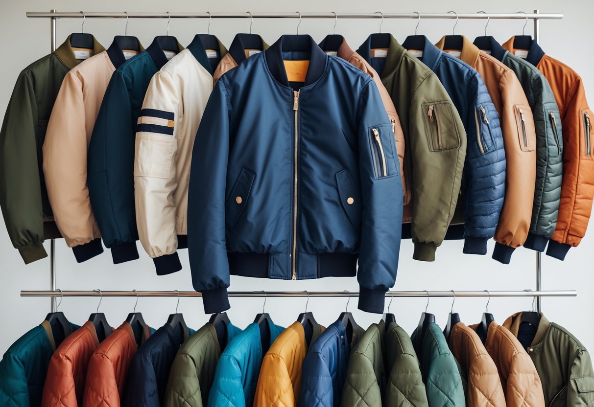 A display of 20 different bomber jackets in various colors and materials arranged on racks and mannequins against a plain background.