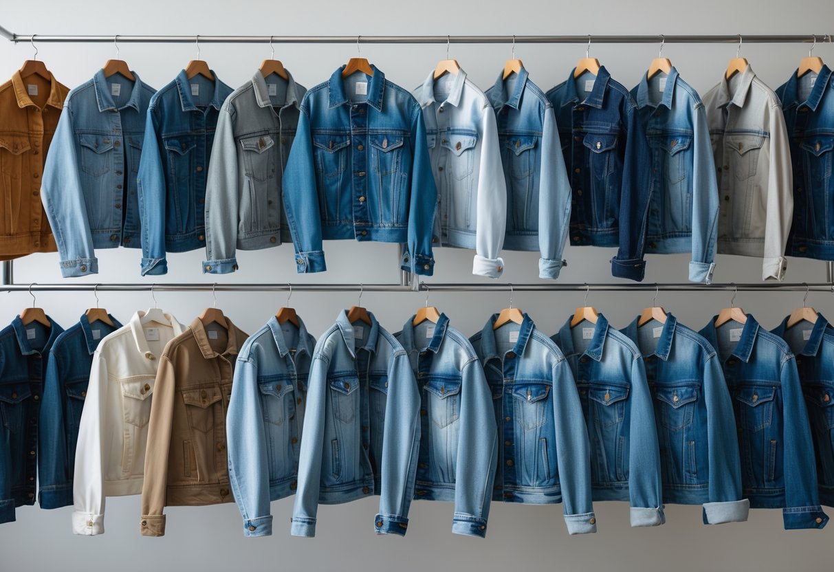 Twenty different denim jackets arranged on hangers and mannequins in a clean studio setting.