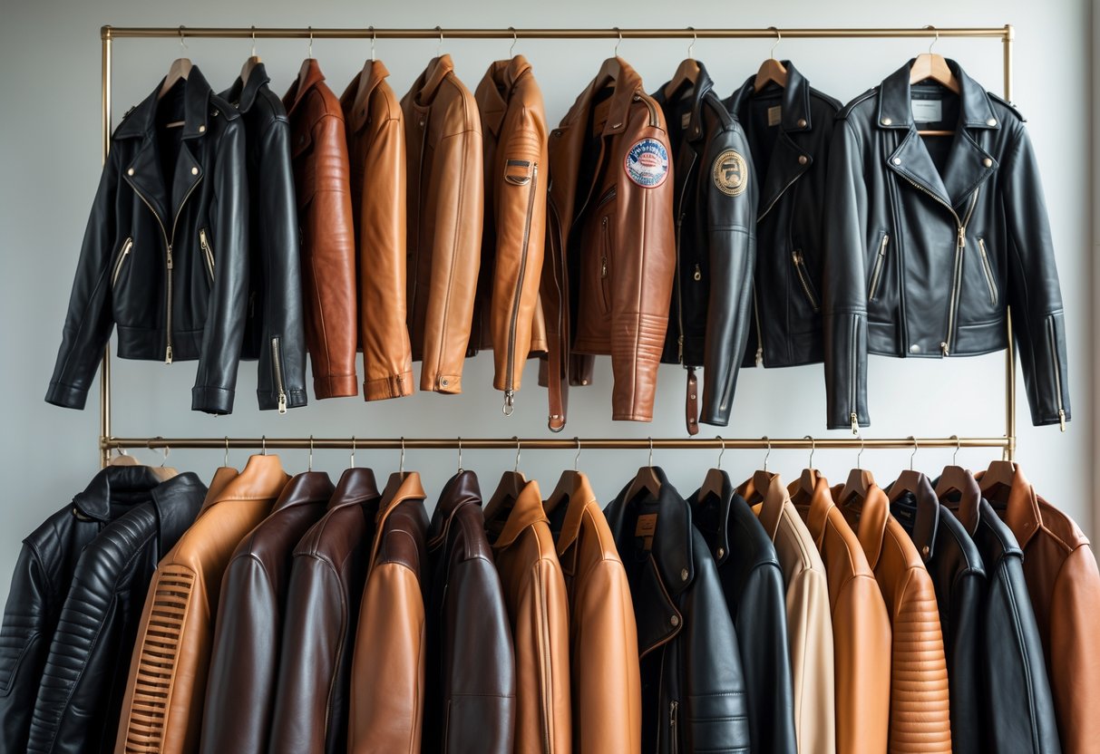 A clothing rack displaying twenty different leather jackets in various styles and colors.