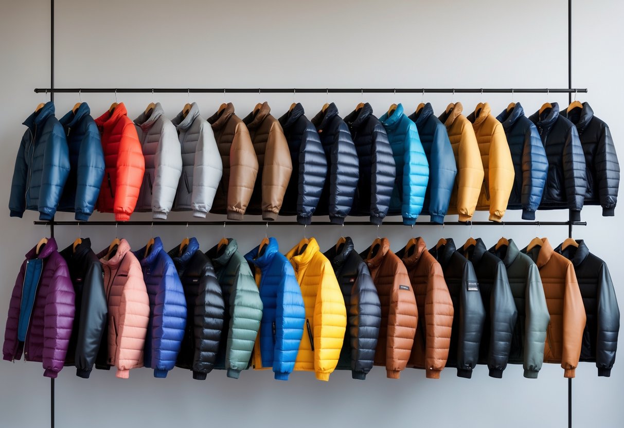 A collection of twenty different jackets hanging on wooden hangers against a plain background, including puffer jackets and various other styles.