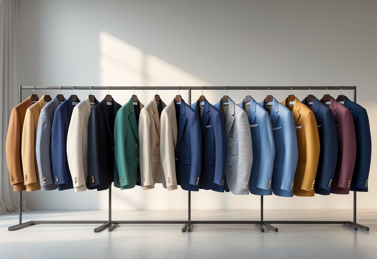 A collection of 20 different blazer jackets displayed on racks and mannequins in a bright studio setting.