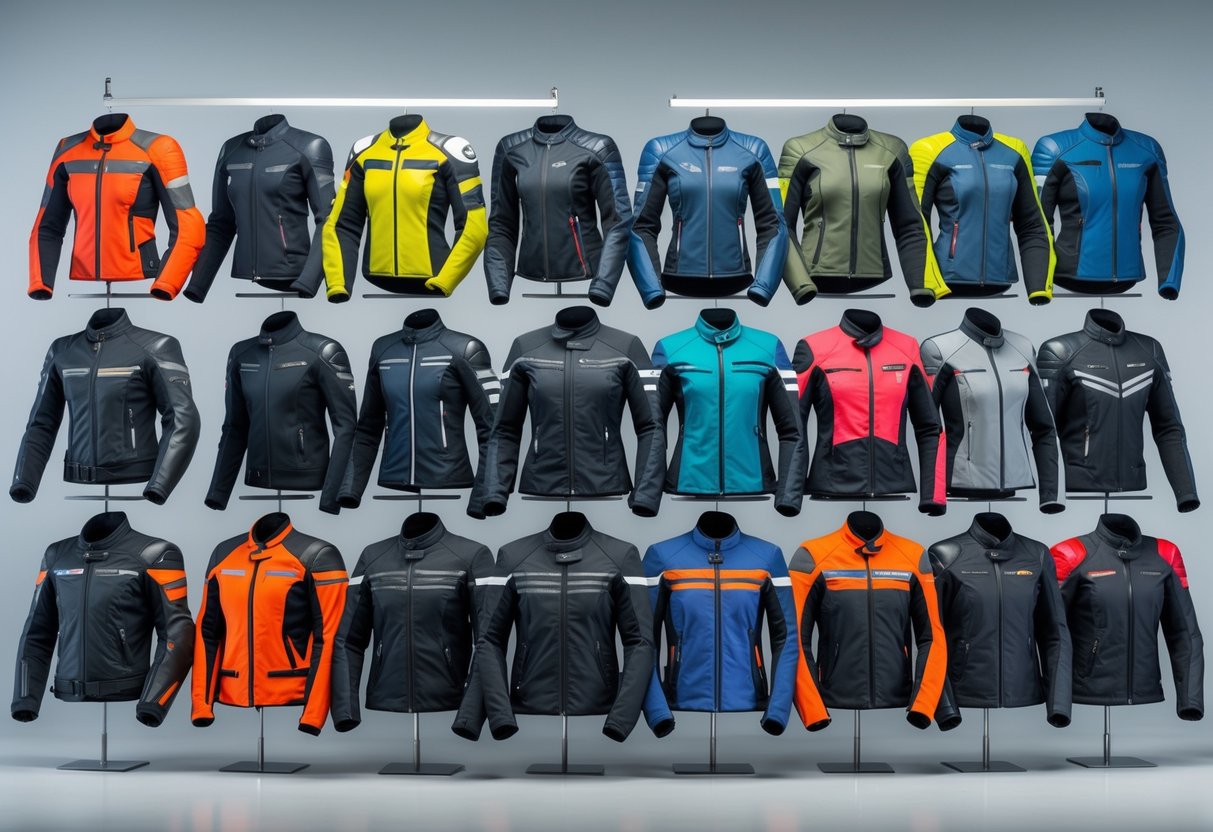 A display of 20 different motorcycle jackets arranged on mannequins and hangers in a clean studio setting.