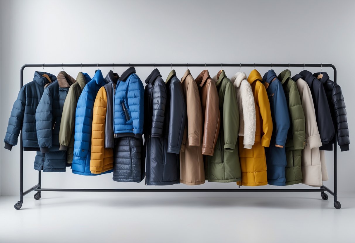A clothing rack displaying twenty different types of jackets arranged side by side.