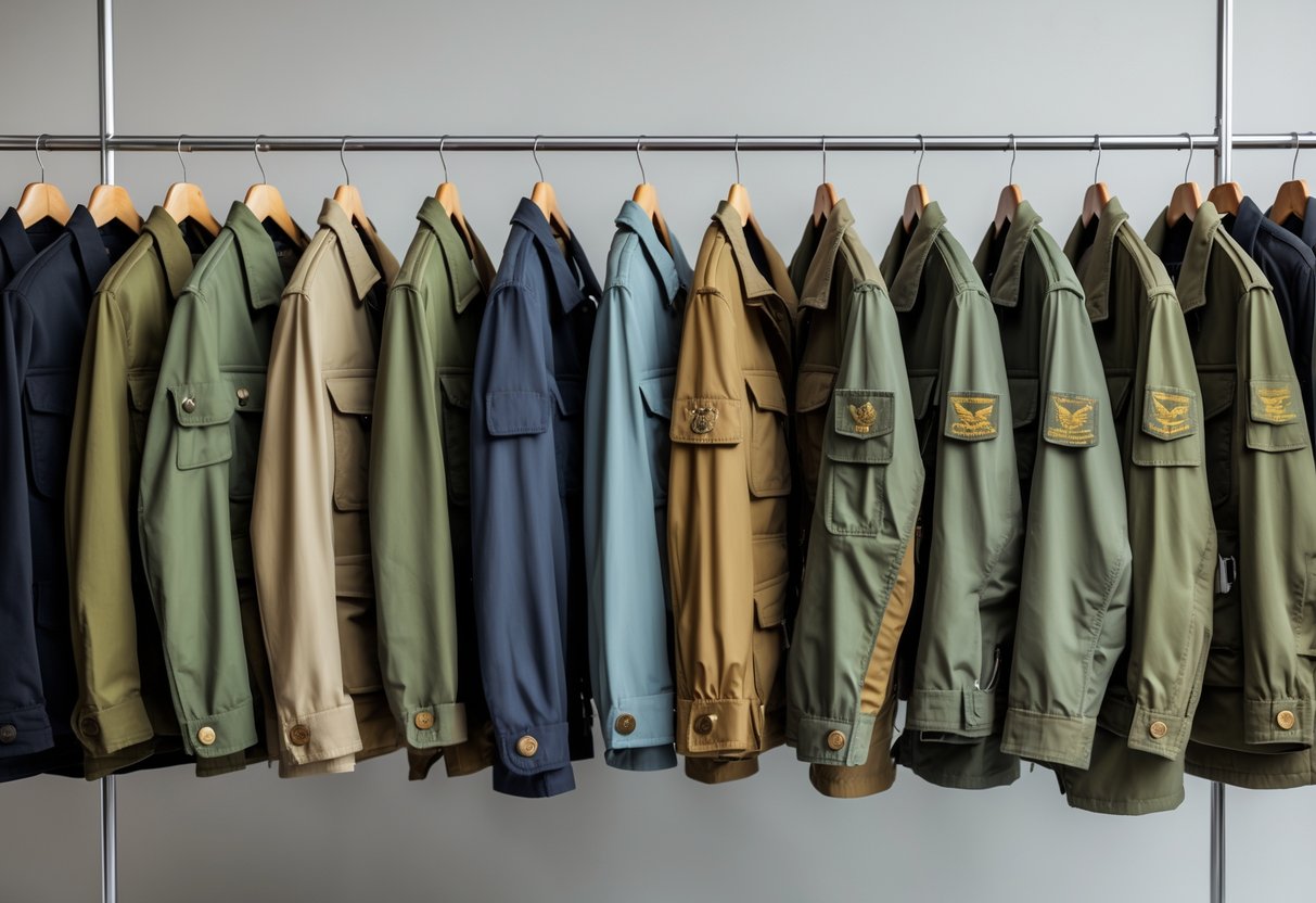 A collection of 20 different field jackets displayed on hangers against a plain background.