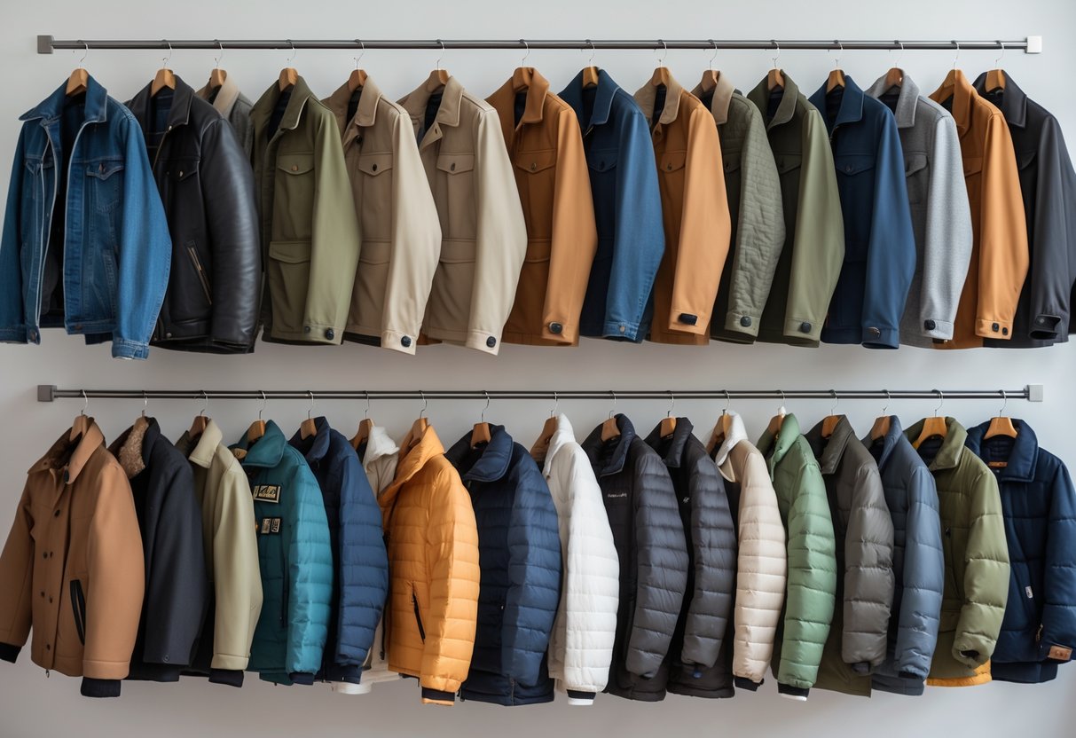 A collection of twenty different types of jackets displayed on hangers against a plain background.