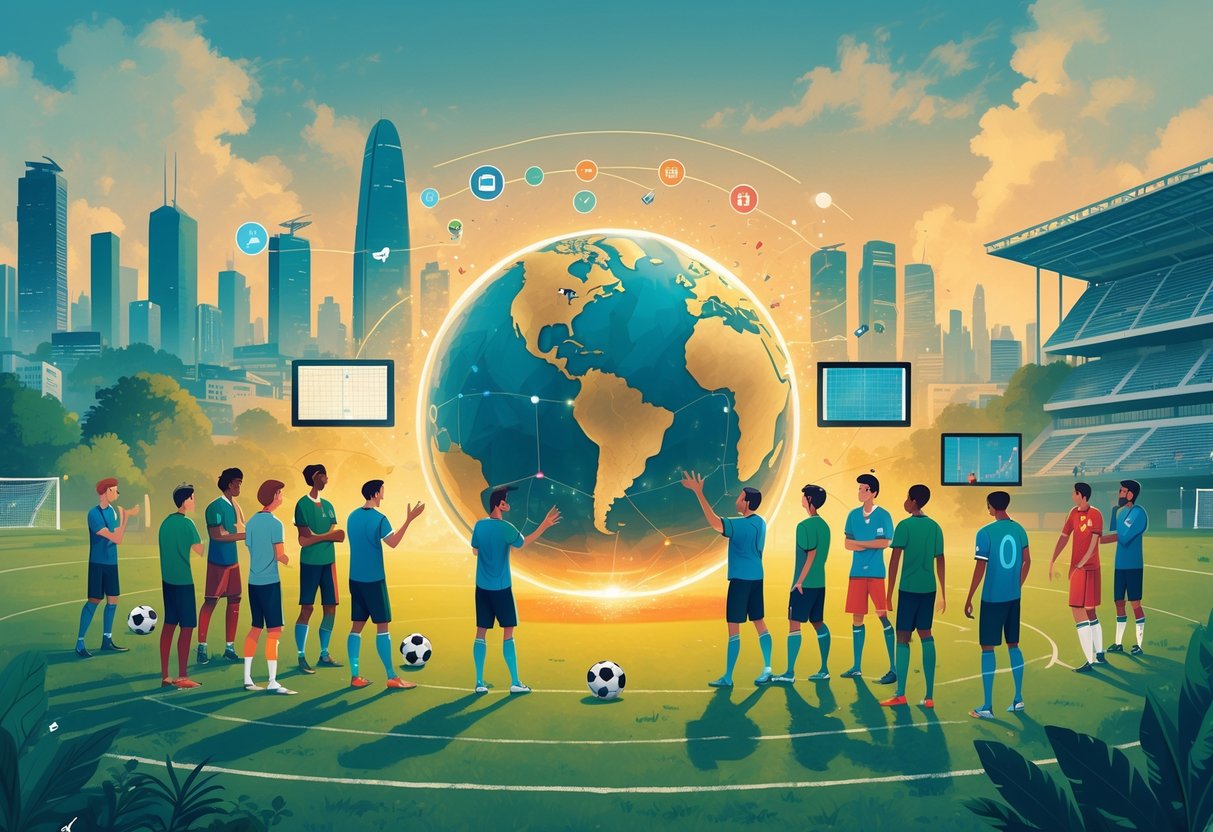 Sekelompok orang dari berbagai budaya berkumpul di sekitar bola sepak besar, dengan latar belakang kota dan lapangan hijau, menunjukkan perhatian dan kepedulian terhadap olahraga sepak bola.