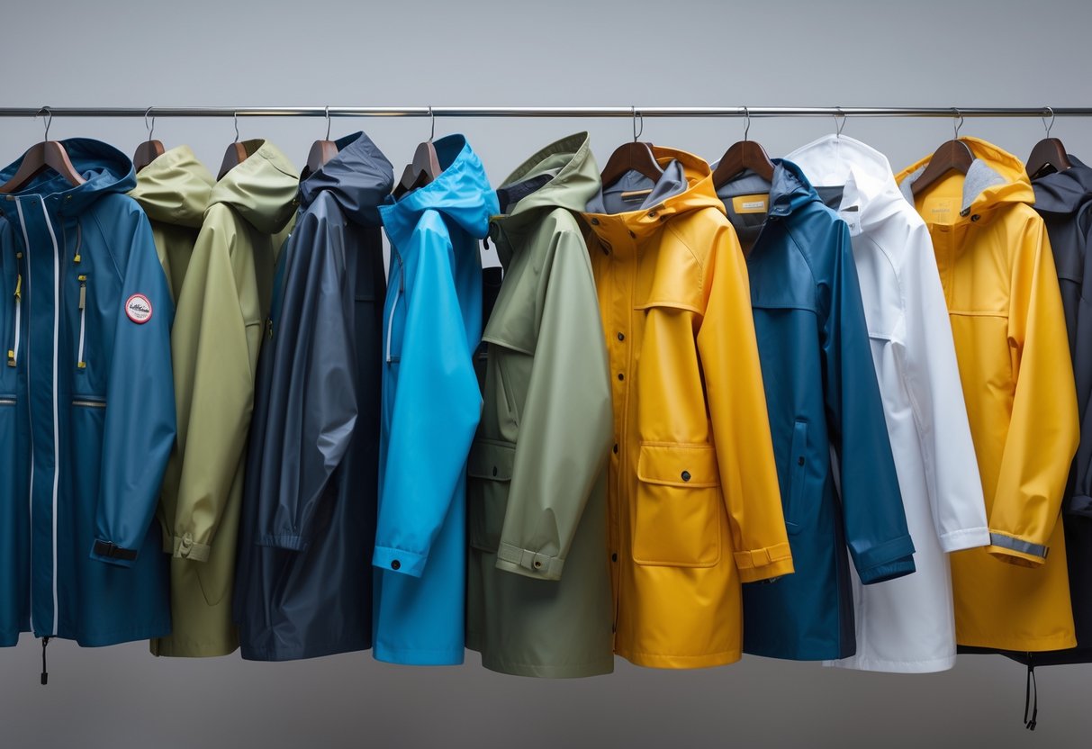 A collection of 20 different rain jackets in various styles and colors hanging on hangers against a plain background.