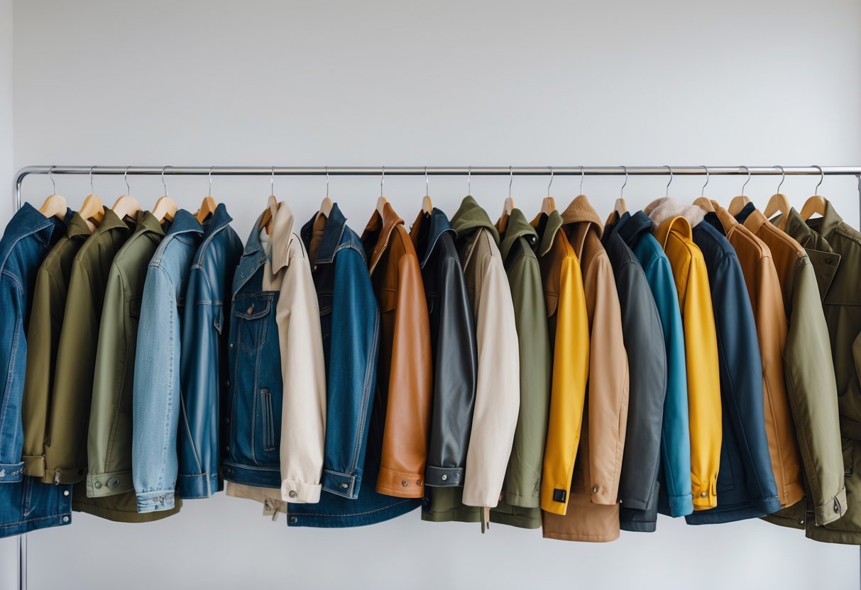 A clothing rack displaying twenty different types of jackets arranged side by side.