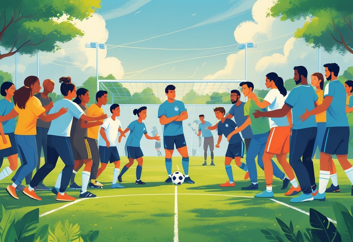 Sekelompok orang dari berbagai latar belakang berkumpul di lapangan sepak bola, saling berinteraksi dan mendukung satu sama lain dengan penuh perhatian.