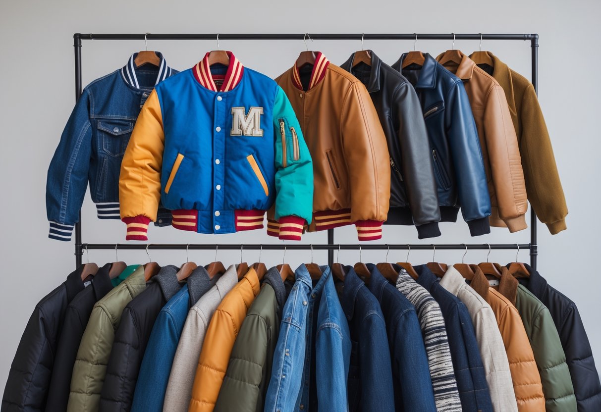 A collection of 20 different jackets displayed on mannequins and hangers against a plain background.