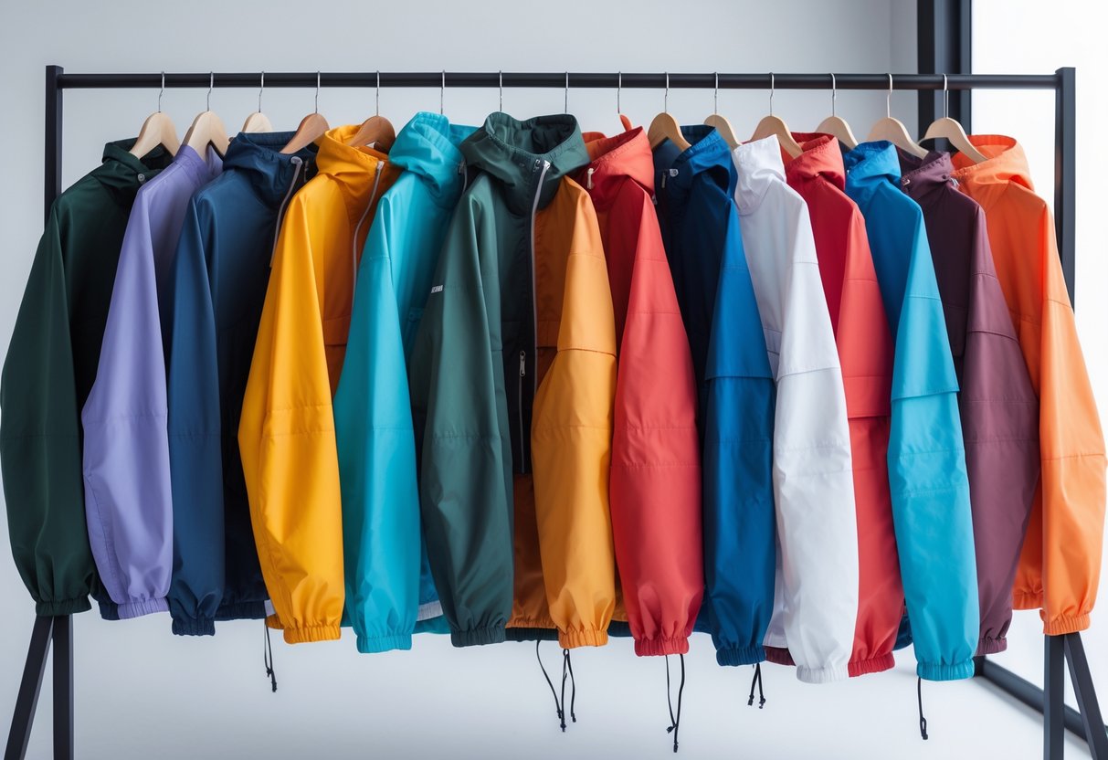 A clothing rack displaying twenty different windbreaker jackets in various colors and styles against a plain white background.