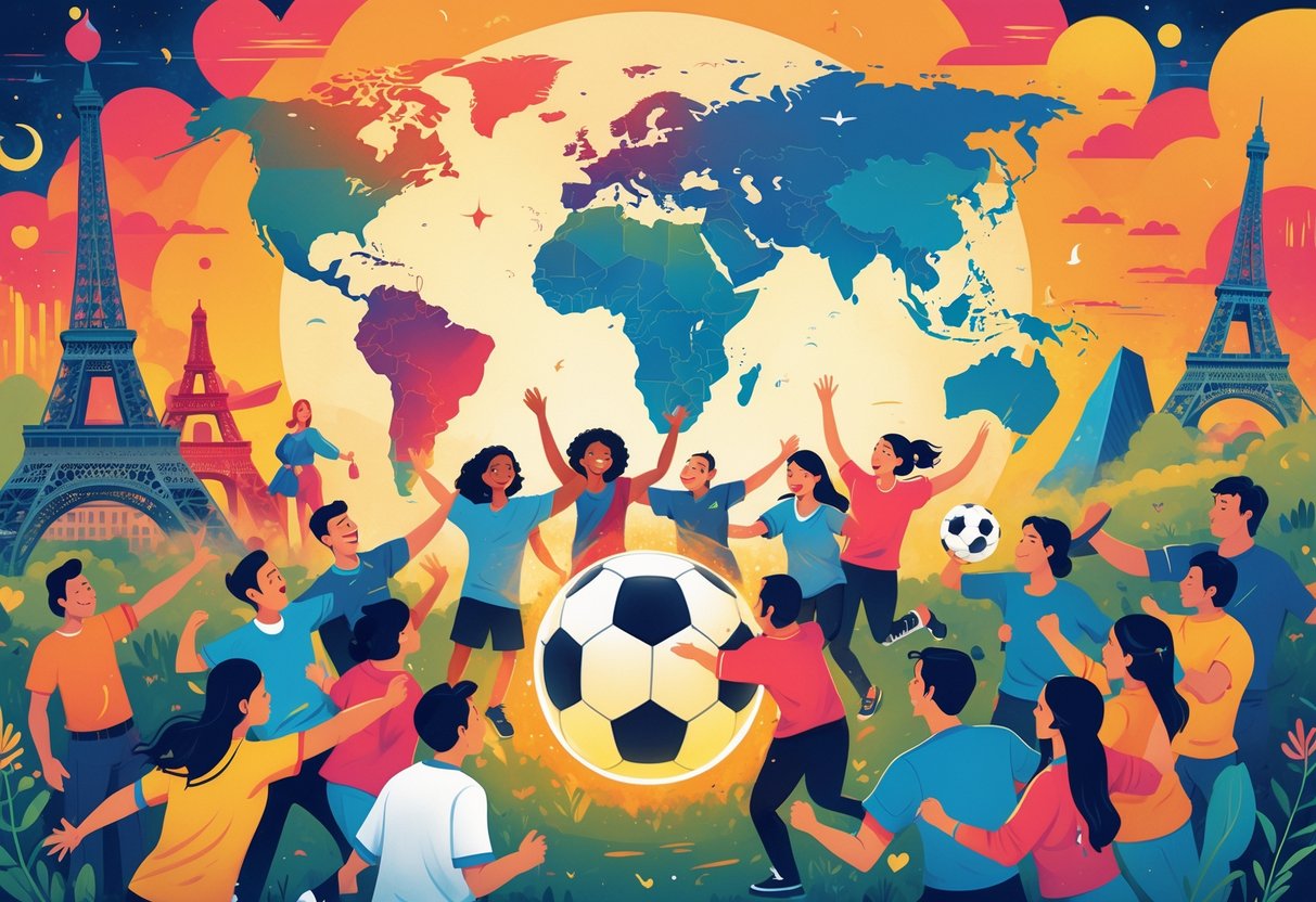 Sekelompok orang dari berbagai budaya berkumpul mengelilingi bola sepak besar dengan latar belakang landmark dunia, menunjukkan sepak bola sebagai fenomena global yang menyatukan berbagai bangsa.