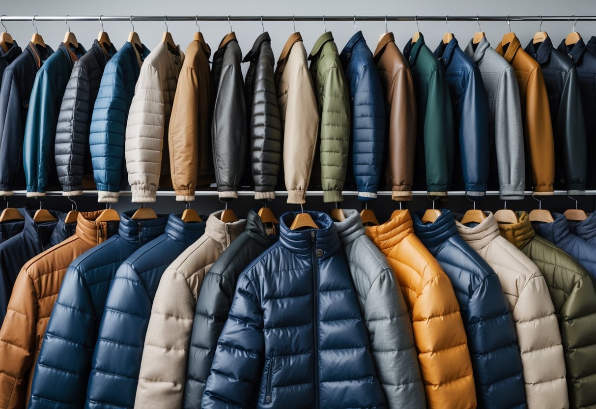 A collection of twenty different jackets, including quilted jackets, displayed on hangers and mannequins in a bright studio.