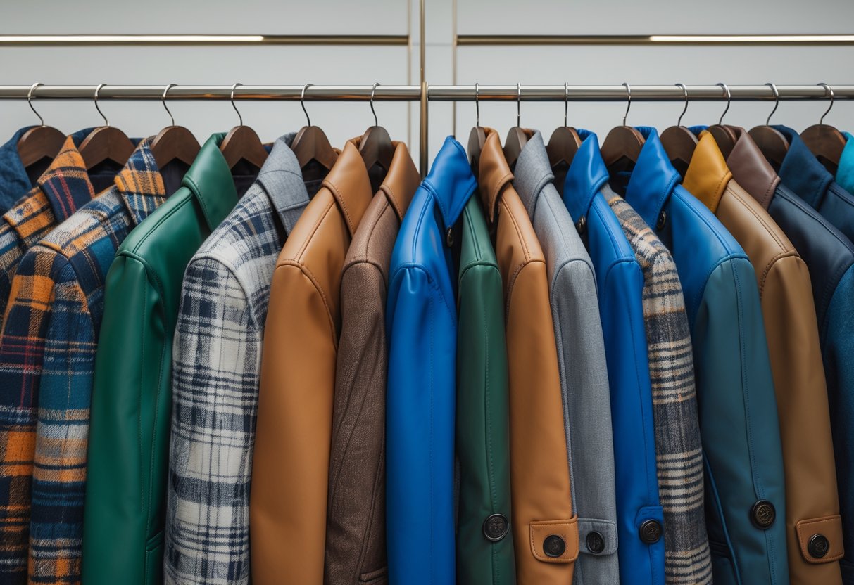 A collection of 20 different coach jackets hanging on a clothing rack in a store.