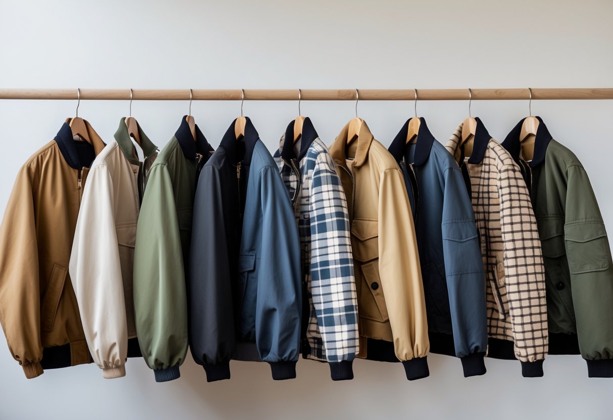 Twenty different Harrington jackets in various colors and patterns hanging on wooden hangers against a plain background.