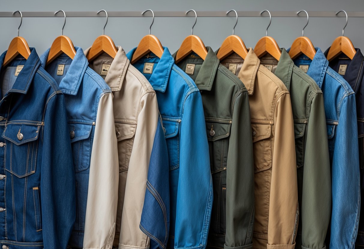 A collection of twenty chore jackets in different colors and fabrics hanging side by side on wooden hangers against a plain background.