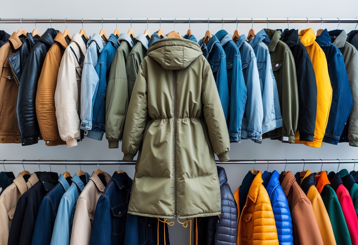 A collection of 20 different jackets displayed on clothing racks with a fishtail parka in the center.