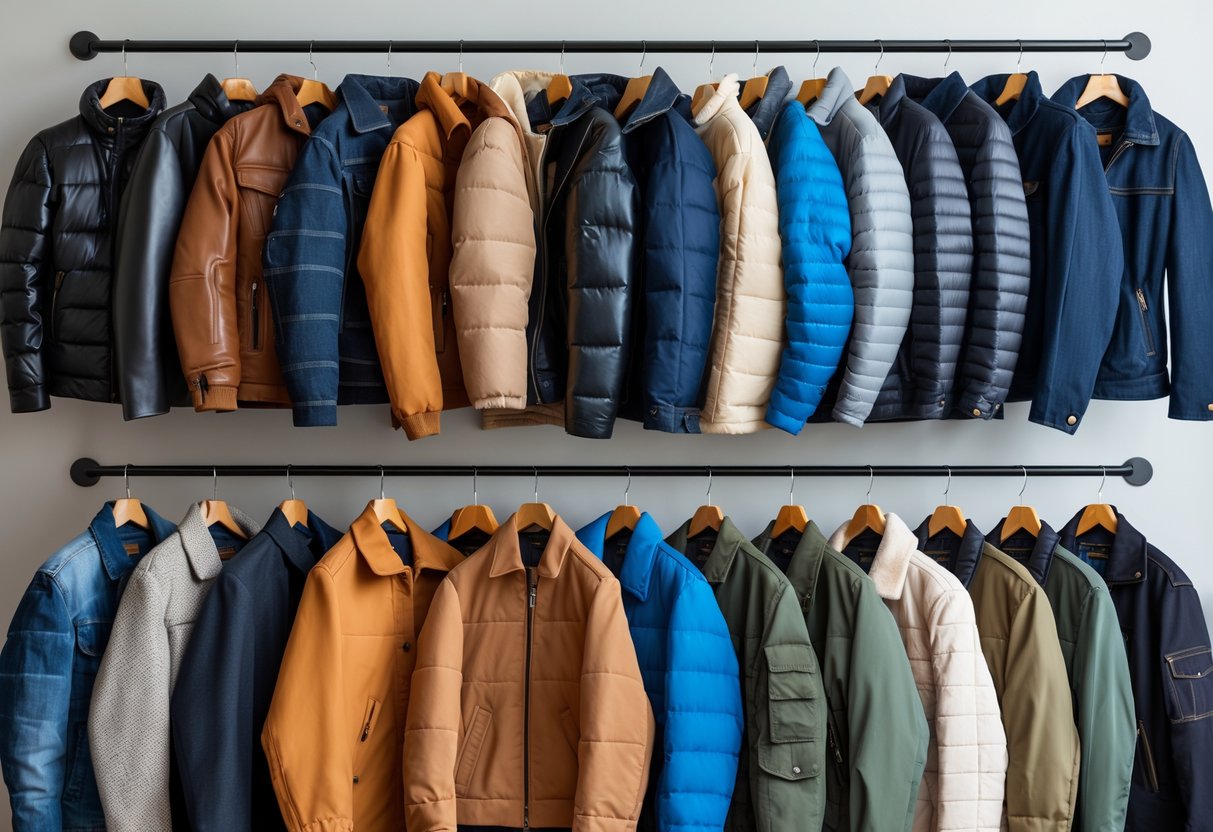 A collection of twenty different types of jackets displayed on hangers, showing various styles and materials.
